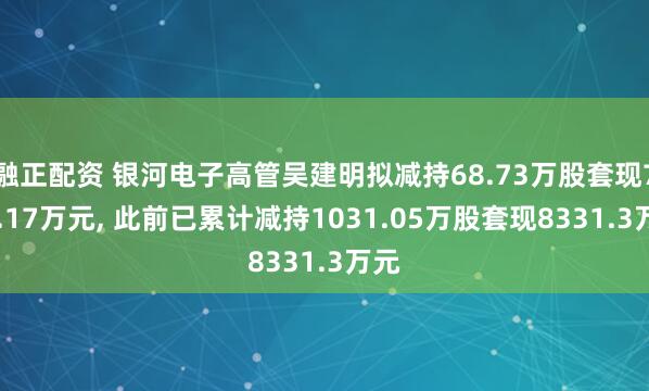 融正配资 银河电子高管吴建明拟减持68.73万股套现716.17万元, 此前已累计减持1031.05万股套现8331.3万元
